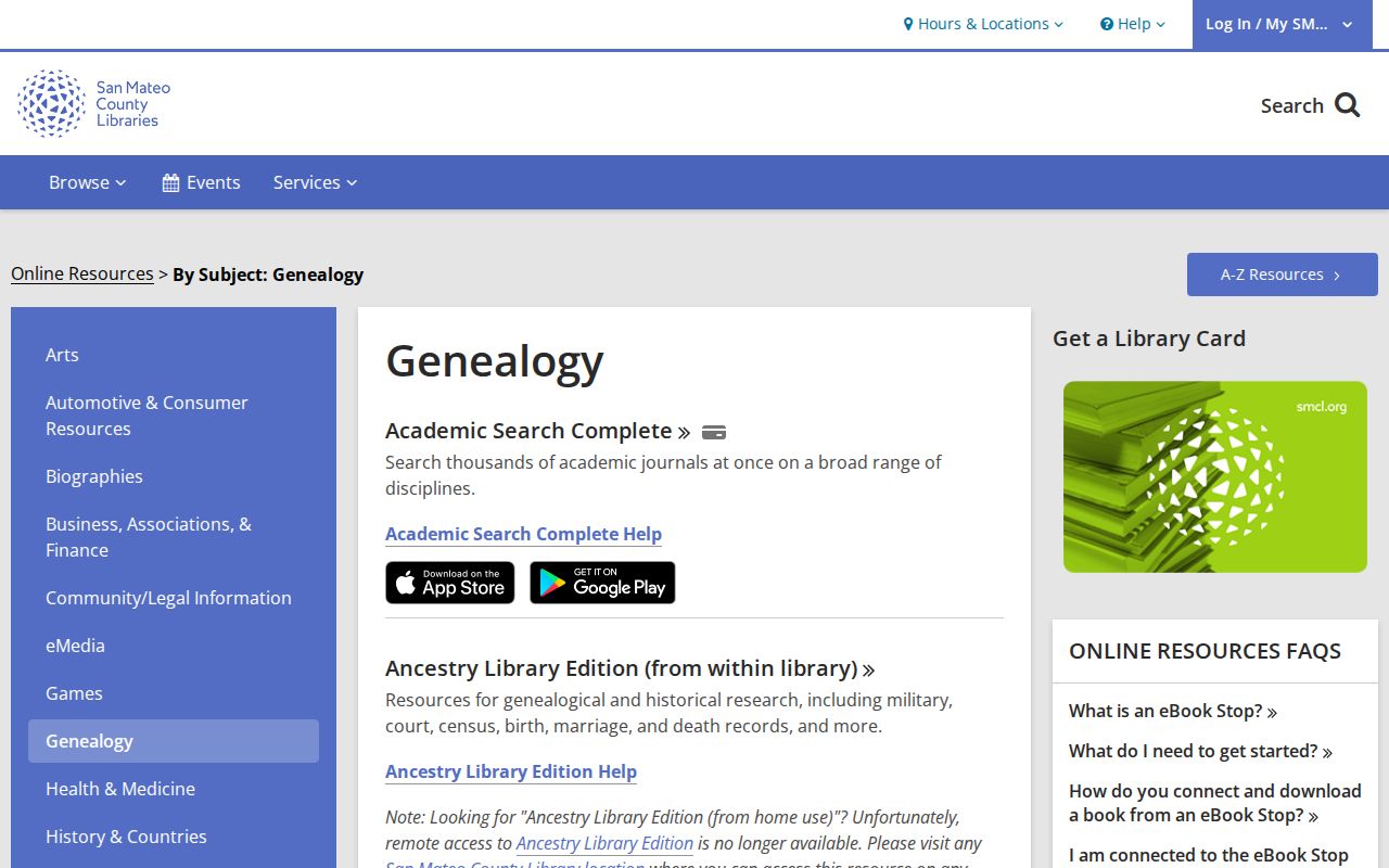 Menlo Park people directories screenshot of San Mateo County Libraries genealogy resources