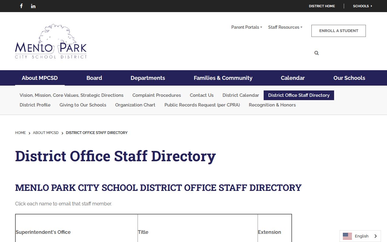 Menlo Park people directories screenshot of the city school district staff roster