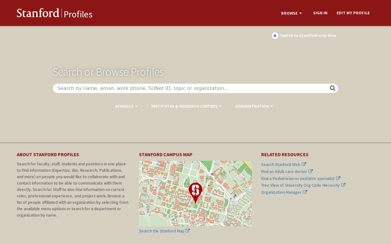 Menlo Park people directories screenshot of Stanford Profiles search