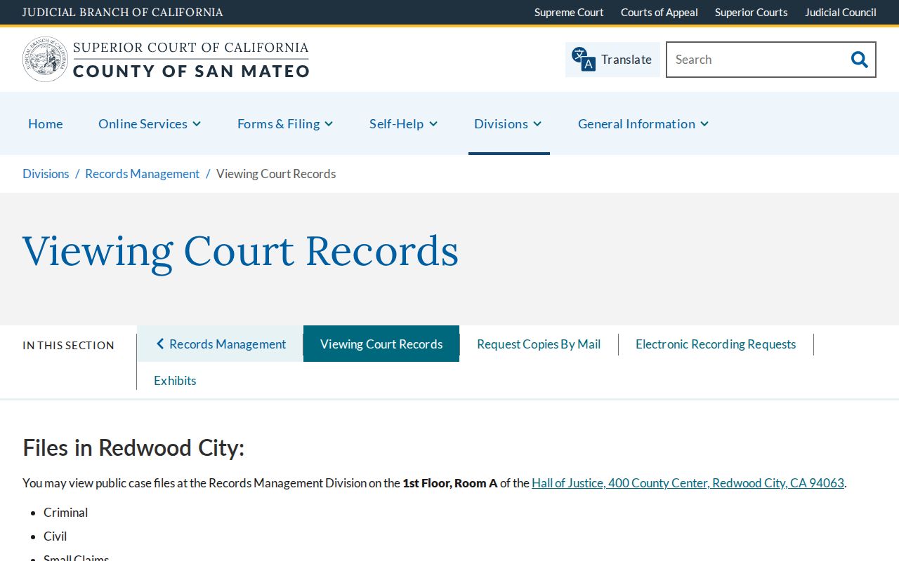 Menlo Park public records court file viewing rules