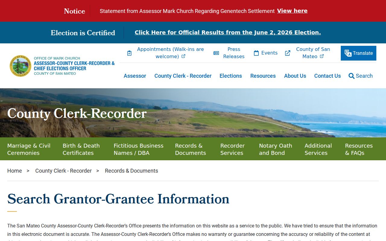Menlo Park public records grantor-grantee search instructions