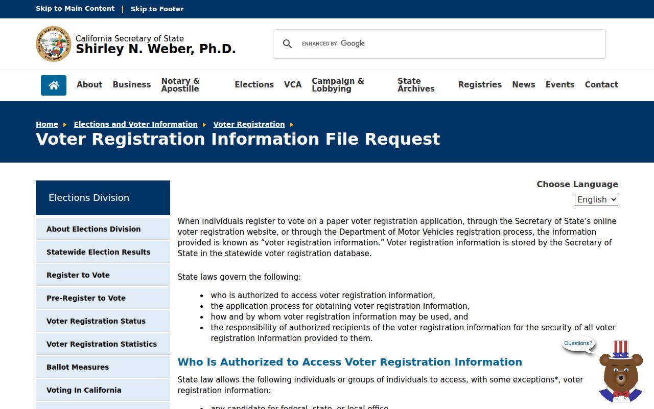Menlo Park voter registration file request rules from the California Secretary of State
